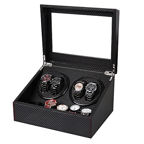 J&T Technology 4 Automatic Watch Winder with 6 Storage Case for Man/Woman's Watches,Japanese Mabuchi Quiet Motor- AC Adapter Included(Carbon Fiber Leather)