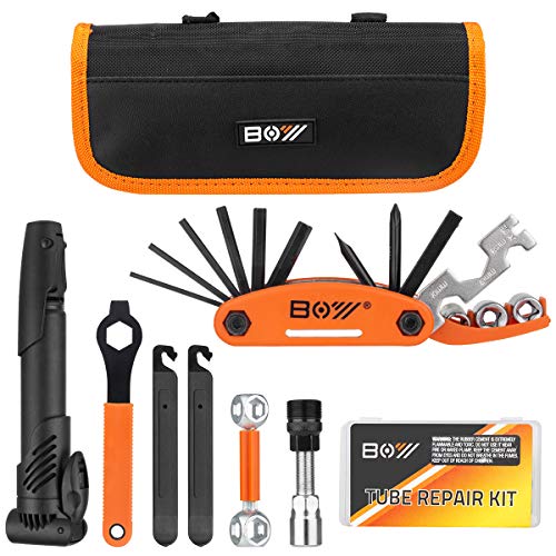 Bicycle Repair Bag With Tire Pump, Portable Tool Kit for Camping Travel - Patches, Inflator, Maintenance Essentials All in One Safety Kit