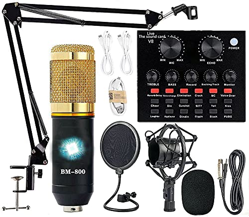 Podcast Equipment Bundle, BM-800 Recording Studio Package with Voice Changer, Live Sound Card - Audio Interface for Laptop Computer Vlog Living Broadcast Live Streaming YouTube TikTok (AM100-V8)
