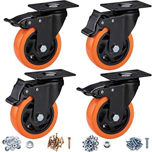 ASRINIEY Casters, 4' Caster Wheels，Casters Set of 4 Heavy Duty - Orange Polyurethane Castors, Top Plate Swivel Wheels, 4-Pack Industrial Casters with Brake, Locking Casters for Furniture and Workbench