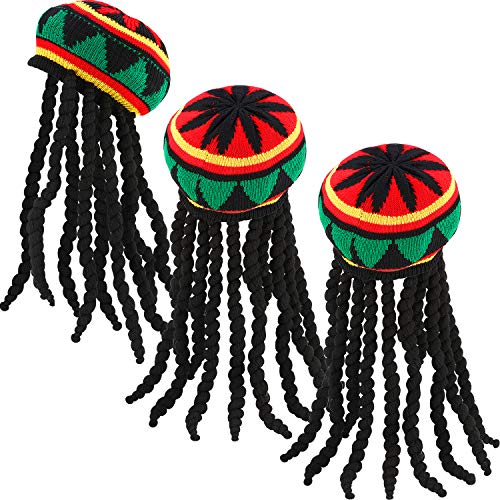 SATINIOR 3 Pack Rasta Hats for Men Rasta Dreadlocks Jamaican Hats Rasta Hat with Black Dreadlocks Wig Rasta Wig