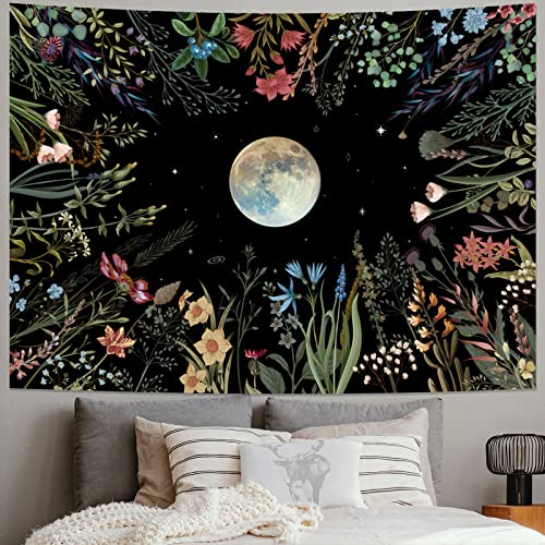 Amhokhui Moonlit Garden Tapestry Moon Tapestry Flower Tapestry Colorful Plants Tapestry Black Tapestry Floral Tapestry Wall Hanging Decor for Room