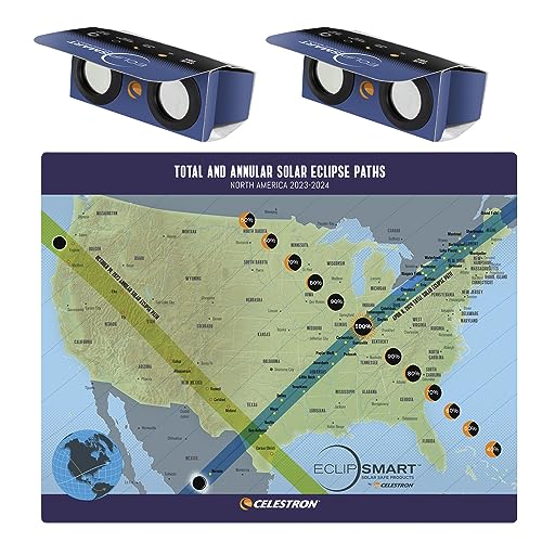 Celestron – 2-Pack EclipSmart Safe Solar Power Viewers – 2X Magnification – Meets ISO 12312-2:2015(E) Standards – Solar Safe Filter Technology – Observe Eclipses & Sunspots – Includes Eclipse Map