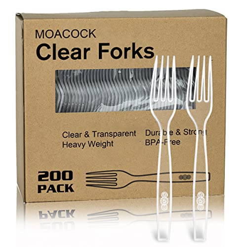 MOACOCK 200 Count Clear Disposable Plastic Forks, Heavy Weight Disposable Forks Plastic Utensils for Parties, Picnics, Big Event, Daily Use