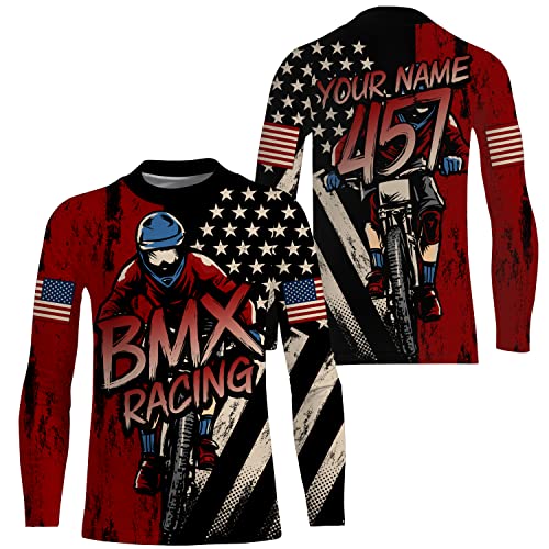 American BMX Race Jersey for Kids UPF30+ Youth Bike Shirt USA Long Sleeve Biking Tops Custom BMX Shirt for Boys Girls (Style 17)