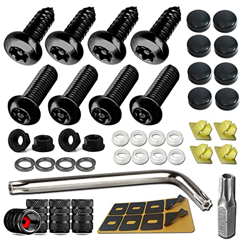 Aootf Black Anti Theft License Plate Screws- Stainless Steel Rustproof Security Bolts Fasteners for Front Rear Car Tag Mount- M6 (1/4') Locking Hardware, with Matte Caps Inserts Nuts, Rattle Proof Pad