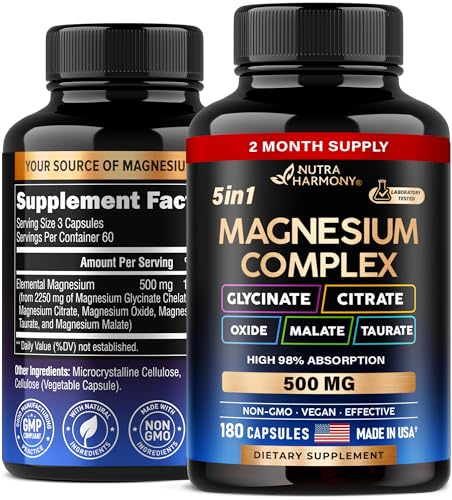 Magnesium Supplement - 5 in 1 Complex 500 mg | Glycinate | Citrate | Malate | Taurate | Oxide - Made in USA - Stress, Muscle & Heart Support - Vegan, Natural, Non-GMO - 180 Capsules, 2 Month Supply