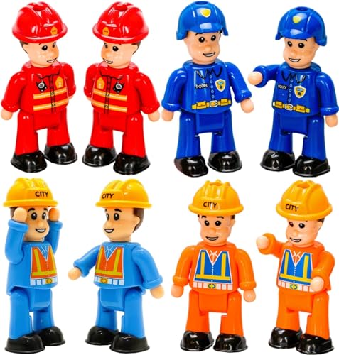 FUNERICA 8-Set Bendable Play People Figures for Kids - Firefighters, Police Officers, Construction Workers, Community Helpers Figurines - Toddlers, Boys & Girls Little Fireman Toys Accessories Playset