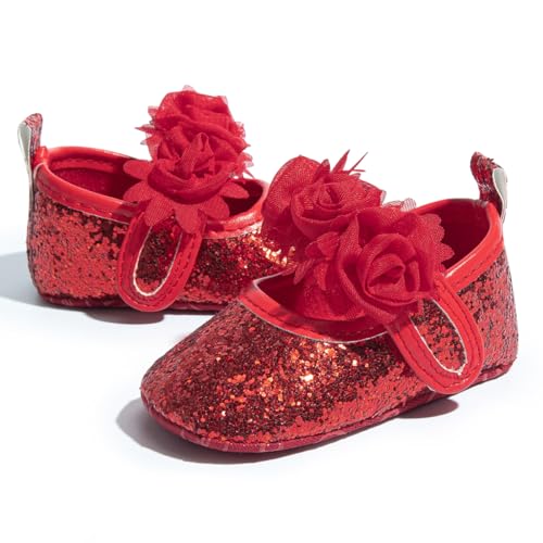 KIDSUN Infant Baby Girls Mary Jane Shoes Soft Sole Ballet Slippers Bow Princess Newborn Dress Wedding Flat Shoes (3-6 Months Infant, A/Flower/Sequins red, 3_Months)
