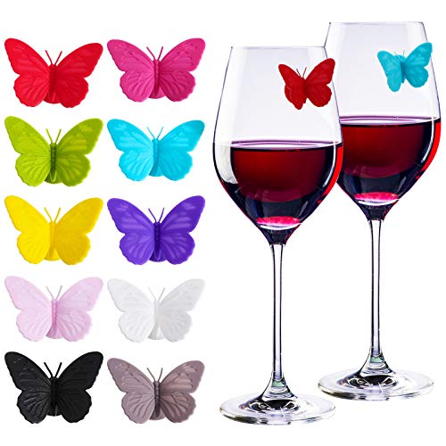 Outus 20 Pieces Silicone Drink Markers Wine Glass Markers Wine Charms Multi colored Butterfly Tags Wine Glass Identifier for Bar Party Family Drink Charms Multi,Dinner Partie