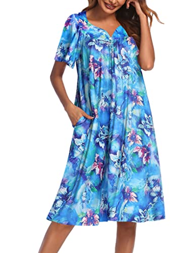 Ekouaer Womens, Nightgown Nightshirt, Short Sleeve, Lounger House Dress-Floral, Mumu Patio Dress with Pockets, Aqua Multi, Large