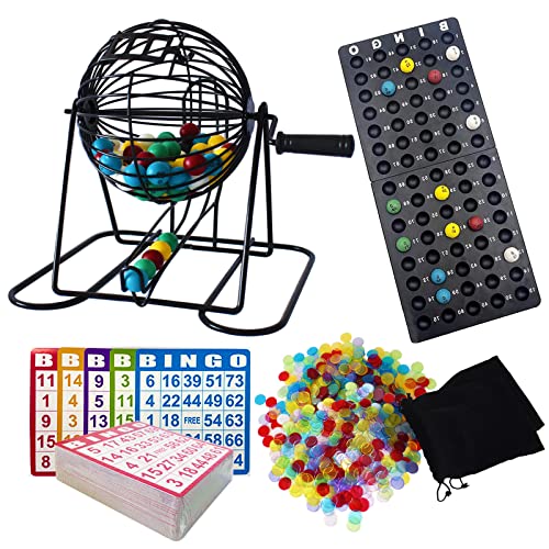 Yuanhe Deluxe Bingo Game Set - Metal Round Cage, 75 Colored Bingo Balls, 100 Bingo Cards, 500 Mixed Chips and Master Board for Large Groups, Parties