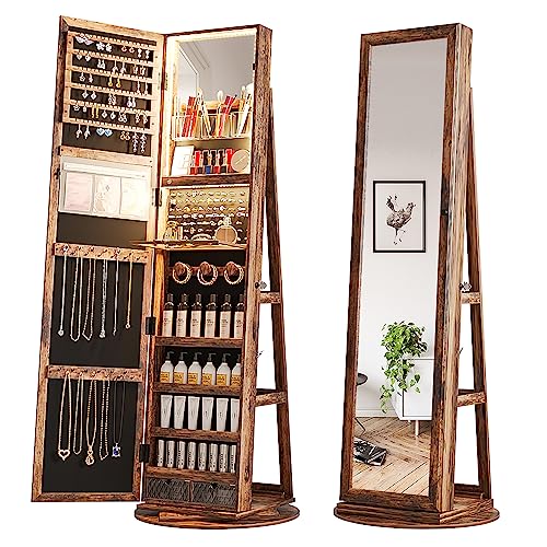 OUTDOOR DOIT 360° Rotating Jewelry Armoire with Lockable,Full Length Mirror Large Capacity Jewelry Organizer Armoire,Floor Standing Mirror with Back Storage Shelves for Bedroom (Brown1)