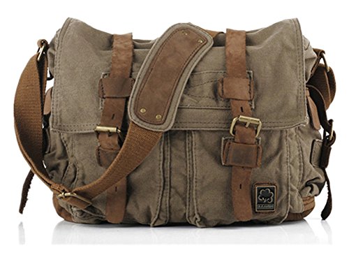 Sechunk Vintage Military Leather Canvas Laptop Bag Messenger Bags