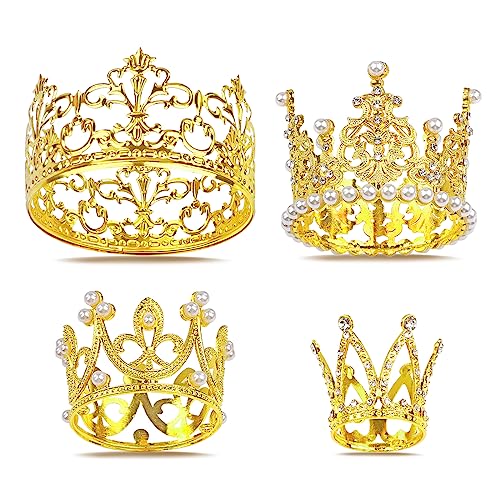 4 PCS Crown Cake Topper, Gold Mini Crown for Cake Topper Flower Arrangements Bouquet, Crystal Pearl Vintage Tiara Small Baby Princess Crown for Birthday Wedding Party Baby Shower Decor Boys and Girls