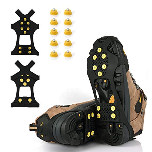 XYZLH Ice Cleats, Ice Grips Traction Cleats Grippers Non-Slip Over Shoe/Boot Rubber Spikes Crampons with 10 Steel Studs Crampons + 10 Extra Replacement Studs (Black, Large)