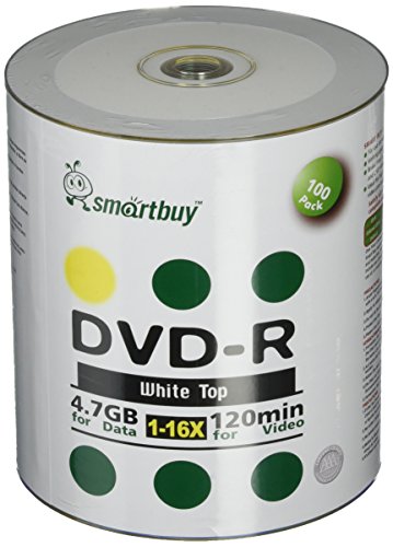 Smart Buy 100 Pack DVD-R 4.7gb 16x White Top (Non-Printable) Blank Data Video Movie Record Disc, 100 Disc 100pk