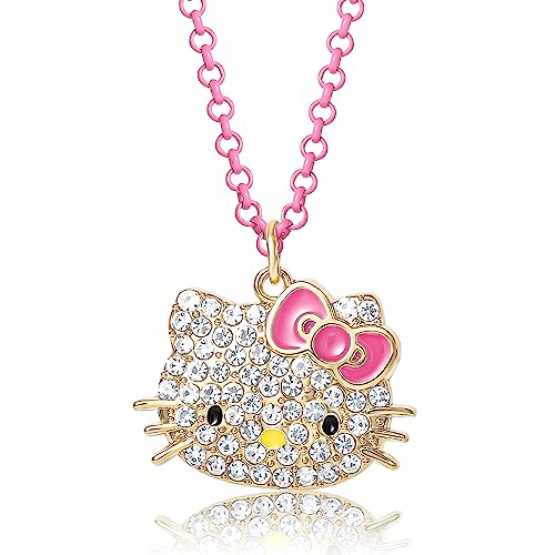 Hello Kitty Sanrio Girls Pave Pendant Necklace 16'+3' - Official License Necklace for Girls with Neon Pink Chain