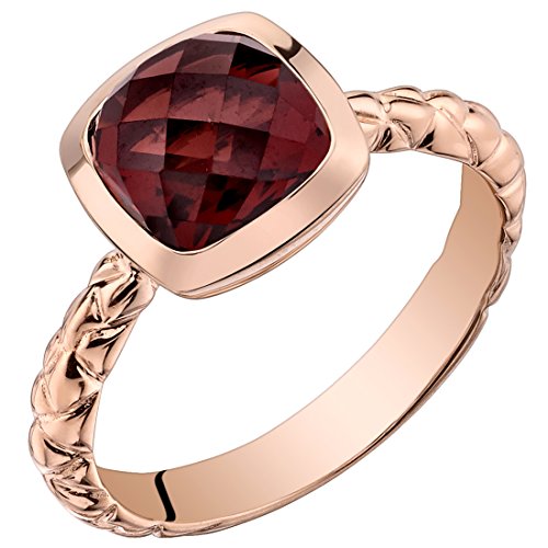PEORA Red Garnet Solitaire Dome Ring for Women 14K Rose Gold, Genuine Gemstone Birthstone, 2.50 Carats Cushion Cut 7mm, AAA Grade, Size 5