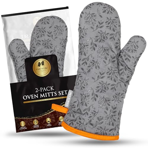 Premium Heat-Resistant Oven Mitts - Stylish and Beautiful - Non-Slip Platinum Silicone Grip - Long and Thick - 100% Natural Cotton Exterior and Soft Terry Cloth Lining - Set of 2 by Cook'n'Chic