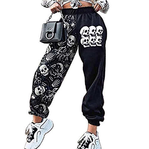 BEELADAN Women's Graffiti Loose Casual Pants Trendy Printed Elastic Waist Ankle-Tied Street Jogger Run Pants with Pattern (Black White Style 2, Large)