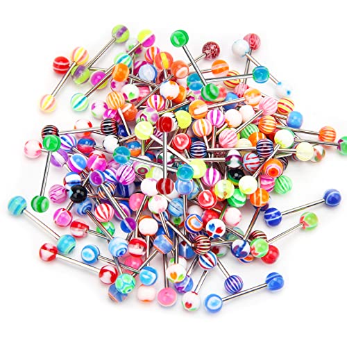 CrazyPiercing Wholesale 14g Tongue Rings Barbells Assorted Colors (110 PCS Acrylic Ball) (Stainless Steel)