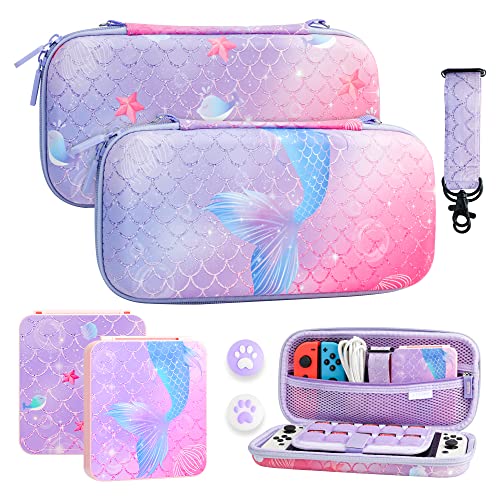 FUNDIARY Cute Carrying Case for Nintendo Switch and Switch OLED, Hard Portable Travel Case for Switch and Switch OLED, Case Accessories Bundle with Game Case and 2 Thumb Caps - for Mermaid