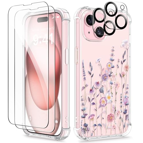 GVIEWIN for iPhone 15 Case, [5 in 1] with 2X Screen Protector & 2X Camera Lens Protector, Clear Soft Shockproof Slim Fit Floral Phone Cover for Women Girls 2023 6.1' (Floratopia/Colorful)