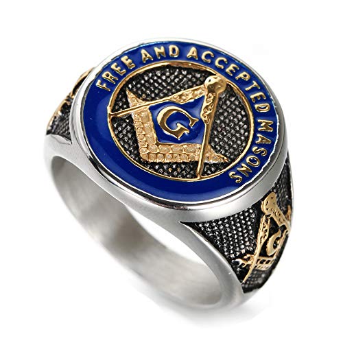 INRENG Men's Stainless Steel Vintage Freemason Masonic Biker Rings Blue Free and Accepted Masons Ring Band Gold Size 10