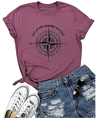 Graphic Tees for Women Not All Who Wander are Lost Funny Letter Print Casual Tops Tees Summer Short Sleeve Tshirts (Purple M)