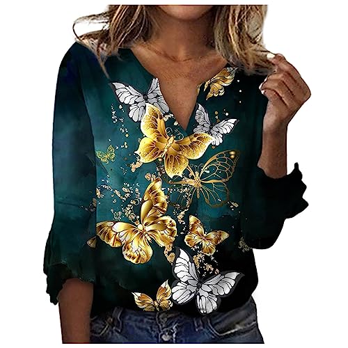 Deals Fall 3/4 Sleeve Shirts for Women Dressy Casual Loose Fit Tshirts Soft Comfy Boho Vintage Tops Streetwear Light Blue