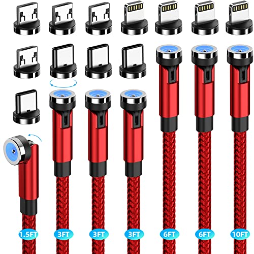 Magnetic Charging Cable [7-Pack 1.6FT/3FT/3FT/3FT/6FT/6FT/10FT] 540° Rotating Magnetic Phone Charger 3 in 1 Magnetic Cable Nylon Braided USB Charger Cable for Micro USB/Type C/iProduct Device-Red