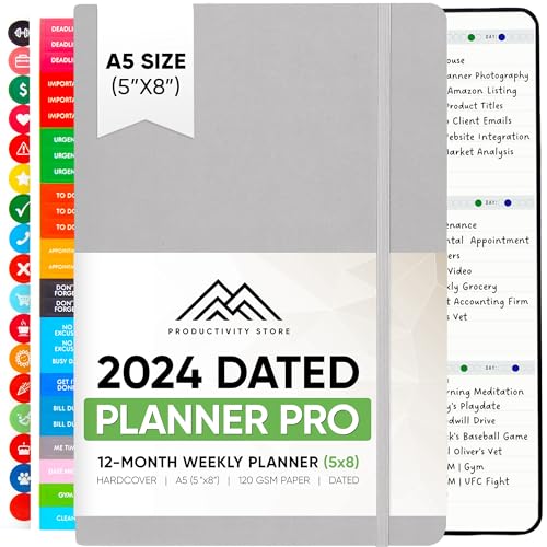 2024 Planner Pro 5.8 x 8.3 - Dated Planner 2024 Calendar 12 Month Planner, Weekly & Daily Planner 2024-2025 - A5 - Grey - Productivity Store