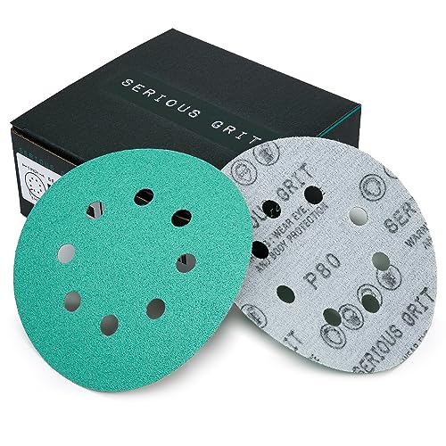 Serious Grit Premium 80 Grit Sanding Discs - 5' 8 Hole Dustless Heavy-Duty Hook & Loop Film Discs - Zirconium Sandpaper for Random Orbital Sanders - 50 Pack Box