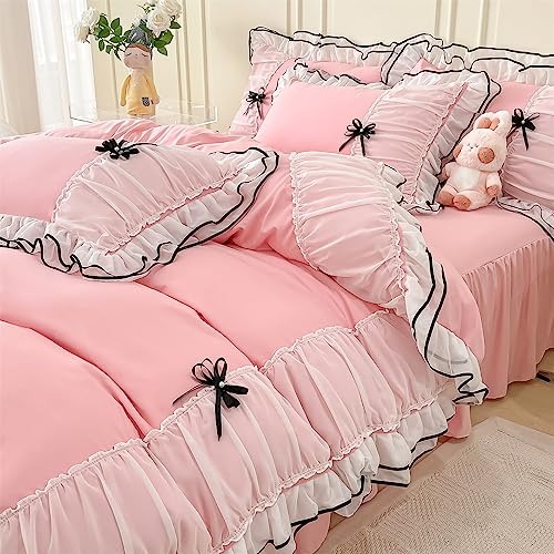 IHOUSTRIY Pink Duvet Cover Full Size, Ruffle Beddding Set with Bowtie, 3 Pieces Comforter Cover Set with Zipper Closure, Girl Bedding with Pillowcase - Light Pink, Full, Comforter Not Included