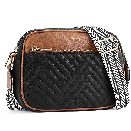 BOSTANTEN Quilted Crossbody Bags for Women Vegan Leather Purses Small Shoulder Handbags with Wide Strap Black with Brown