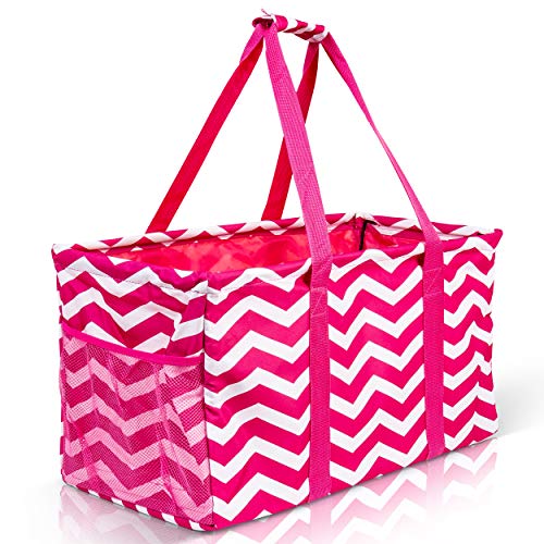 Lucazzi Extra Large Utility Tote Bag - Oversized Collapsible Reusable Wire Frame Rectangular Canvas Basket With Two Exterior Pockets For Beach, Pool, Laundry, Car Trunk, Storage - Chevron Pink