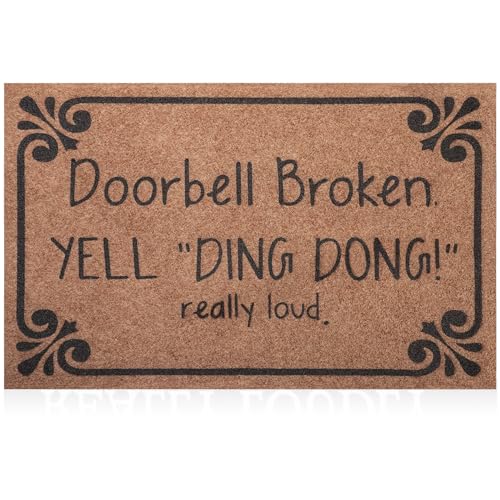 HLFMVWE Front Door Indoor Outdoor Entrance Doormat Brown Rubber Welcome Door Mat, Doorbell Broken Yell Ding Dong Really Loud Doormat Anti Slip Easy to Clean Corridor Patio Mat 28' x 18'