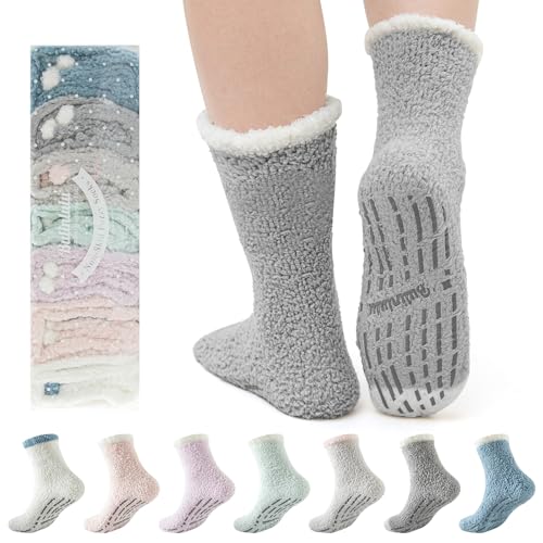 Bulinlulu Fuzzy Socks for Women,Fuzzy Socks With Grips Warm Non Slip Socks Sleep Soft Fluffy Non-Skid Slipper Socks for Valentine's Day Gifts(7 Softest Grips)