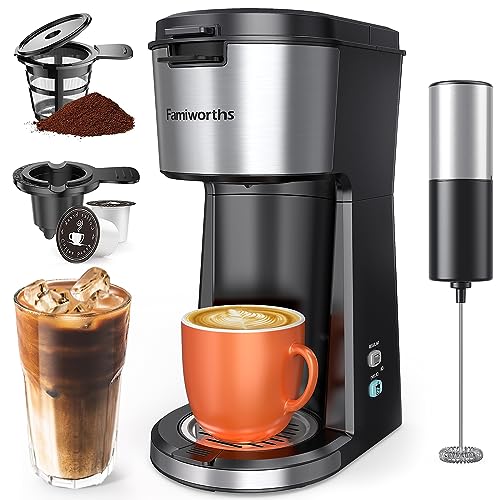 Famiworths Iced Coffee Maker with Milk Frother, Hot and Cold Single Serve Coffee Maker for K Cup & Ground Coffee, 6 to 14 Oz Brew Sizes, Coffee Machine with Descaling Reminder and Self Cleaning