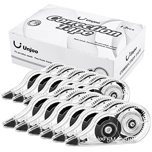 Unjoo Whiteout Correction Tape, Easy To Use Applicator for Instant Corrections Correct Wrong Writing At Any Time, For school, Office (12pack, 5M/196' x 0.2', Black)