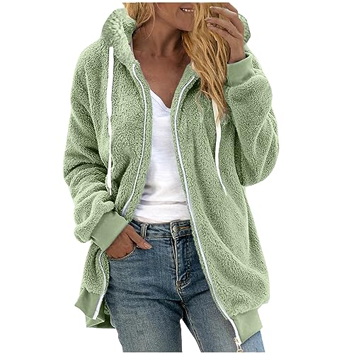 Ceboyel Women Teddy Fleece Jacket 2023 Shearling Sherpa Hooded Coats Fuzzy Zip Up Hoodie Causal Winter Outerwear Clothes Winter Jackets For Women Work Green Xxxl