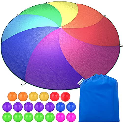 Little Dynamo Parachute Toys for Kids with 8 Handles 12ft - Balls Included - Gym Class Rainbow Color Parachute for Cooperative Group Play - Waterproof and Reinforced Stitching