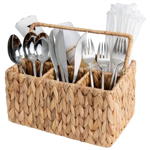 StorageWorks Hand-Woven Wicker Silverware Organizer - Water Hyacinth Cutlery Holder for Countertop with Handle (1-Pack)