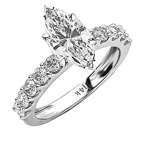 14K White Gold 4 Carat LAB GROWN DIAMOND Classic Side Stone Prong Set Marquise Cut Diamond Engagement Ring (G-H Color VS2-SI1 Clarity 2 Ct Center)