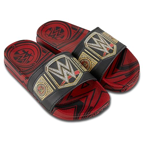 WWE Boys Championship Belt Slides - John Cena, Roman Reigns, Seth Rollins World Wrestling Champion Belt Slip On Slide Sandals (Red Black, 1)