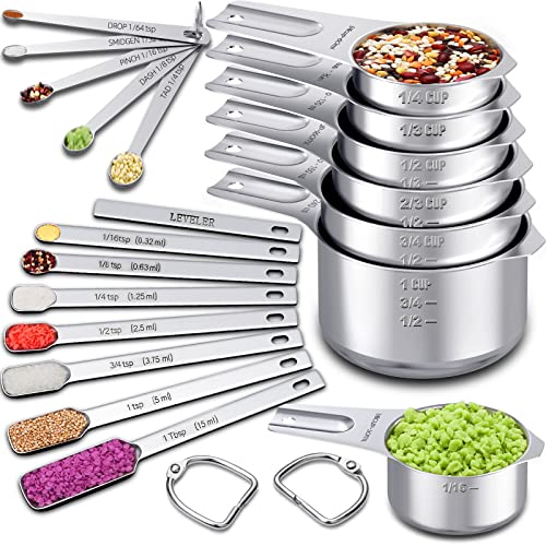 Measuring Cups and Spoons Set of 20, 7 Stainless Steel Nesting Measuring Cups & 7 Spoons, 1 + Leveler & 5 Mini Measuring Spoons for Cooking & Baking