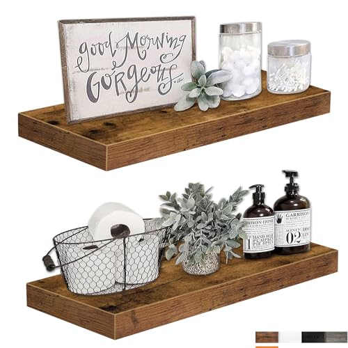 QEEIG Bathroom Shelves 24 inches Long Floating Shelf for Wall 24 x 9 inch Set of 2, Rustic Brown (008-60BN)