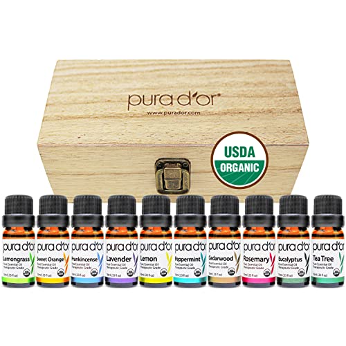 PURA D'OR Organic Perfect10 Essential Oils Set - 10x 10m Wood Box Aromatherapy Gift Set - 100% Pure Therapeutic Grade for Relaxation and Wellness (Lavender, Peppermint, Eucalyptus, Tea Tree and More)