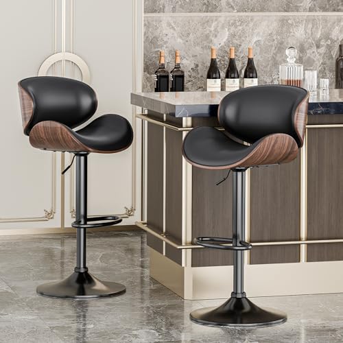 Aowos Adjustable Swivel Bar Stools Set of 2, Mid-Century Modern PU Leather Upholstered Counter Height Bar Stool, Kitchen Island Barstools with Back, Black